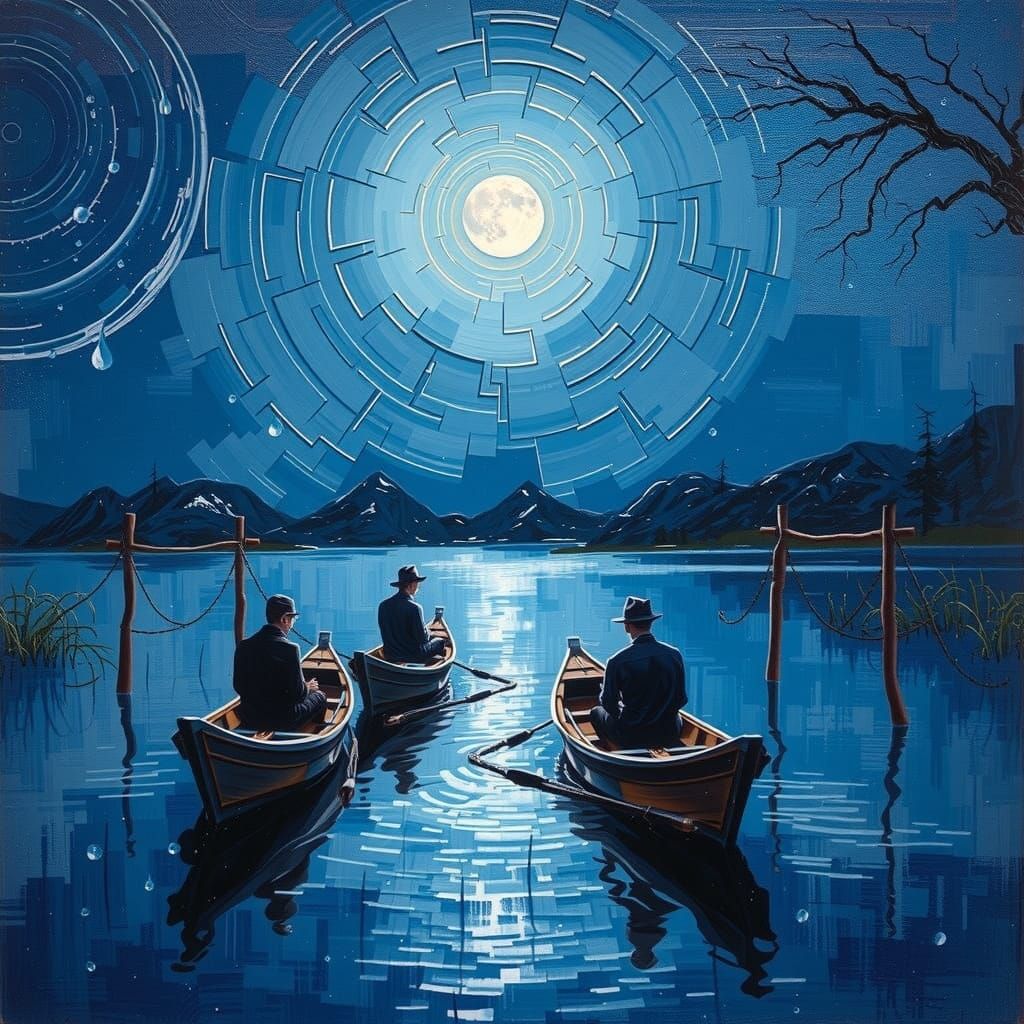 Essential moonlit impasto oil on the lake forming a stable p...