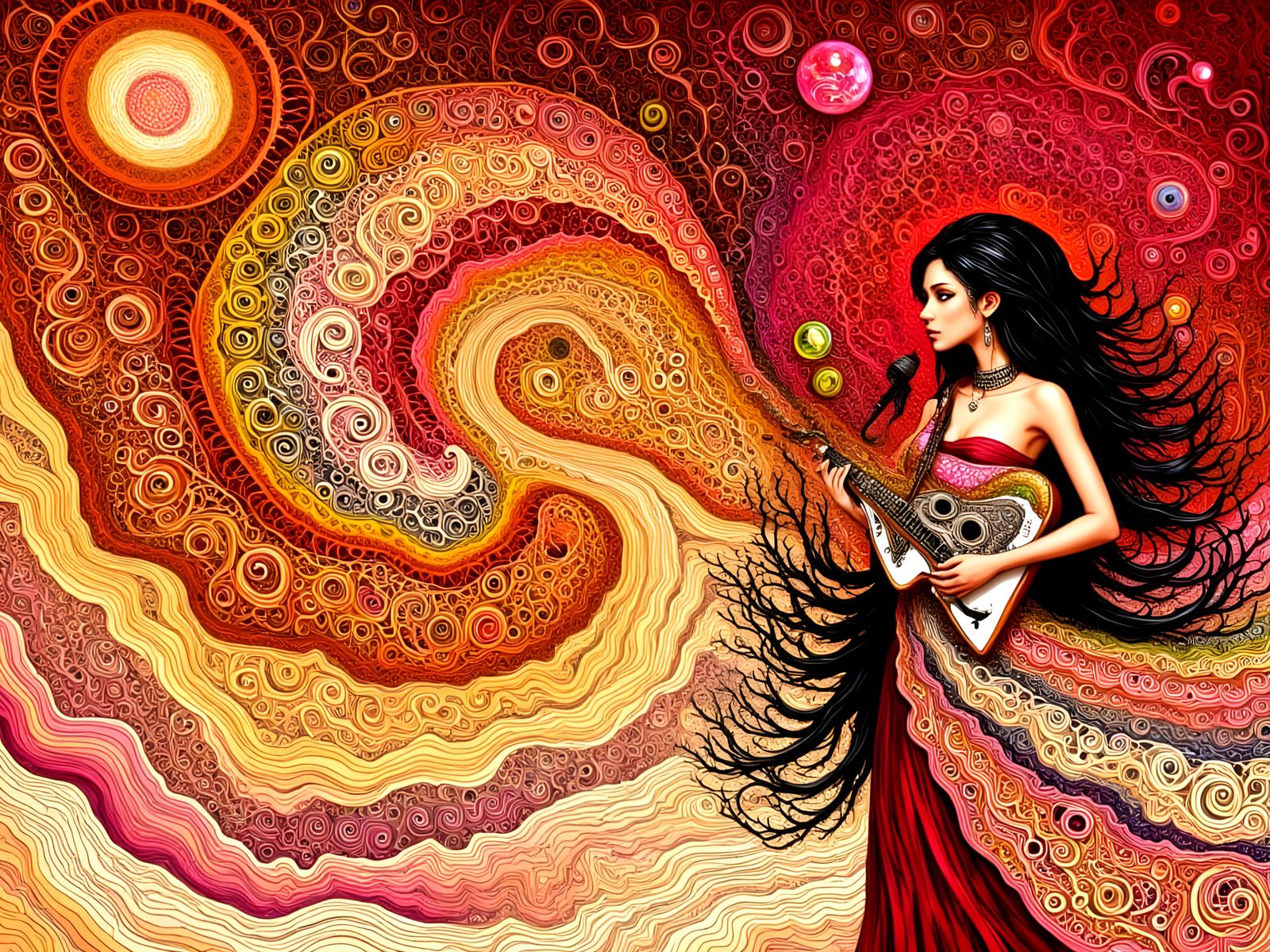 Vibrant Woman Singing, Playing Accordion with Surreal Swirls