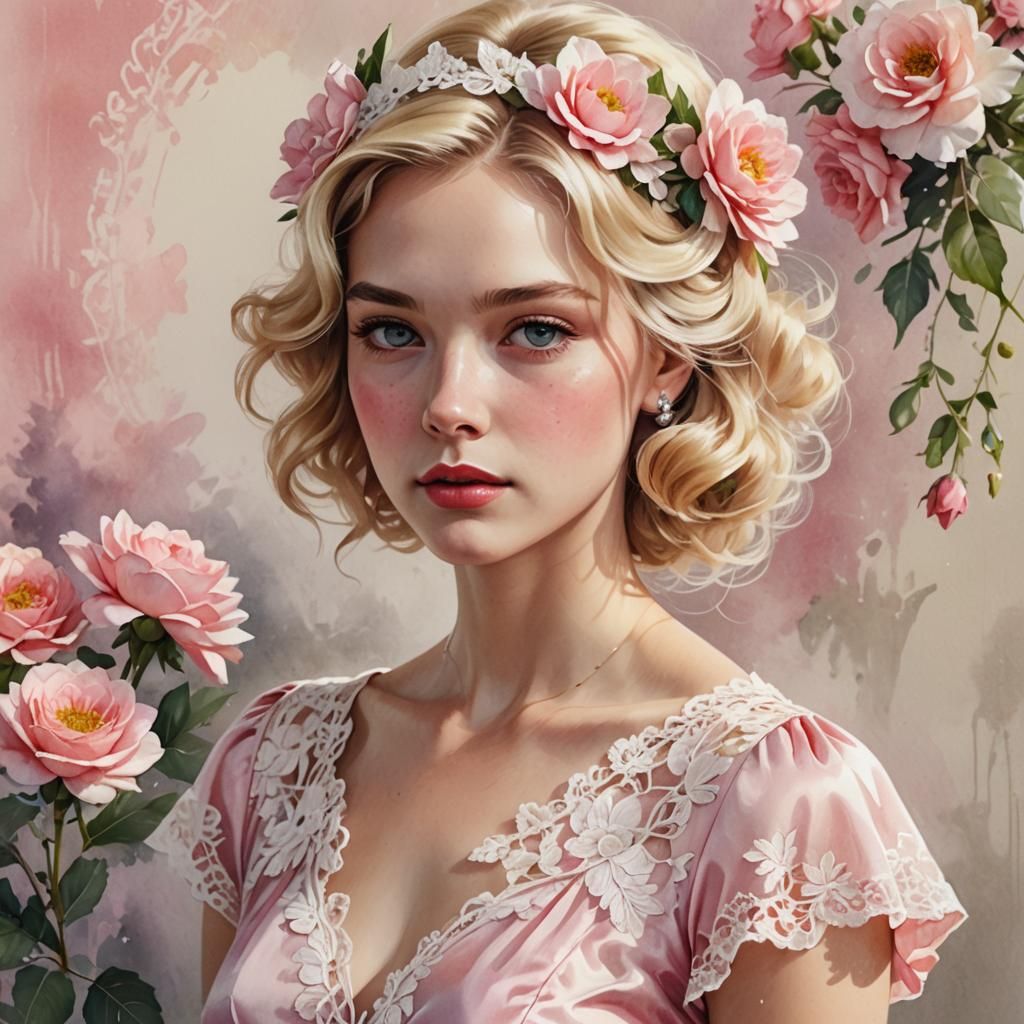 Retro Watercolor Portrait of Woman with Flower