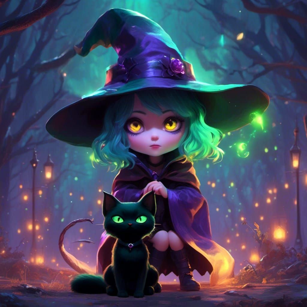 Cute Witch with Cat: Fantasy Concept Art