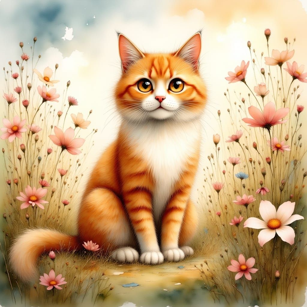 Ginger Cat Sits in Wildflower Field