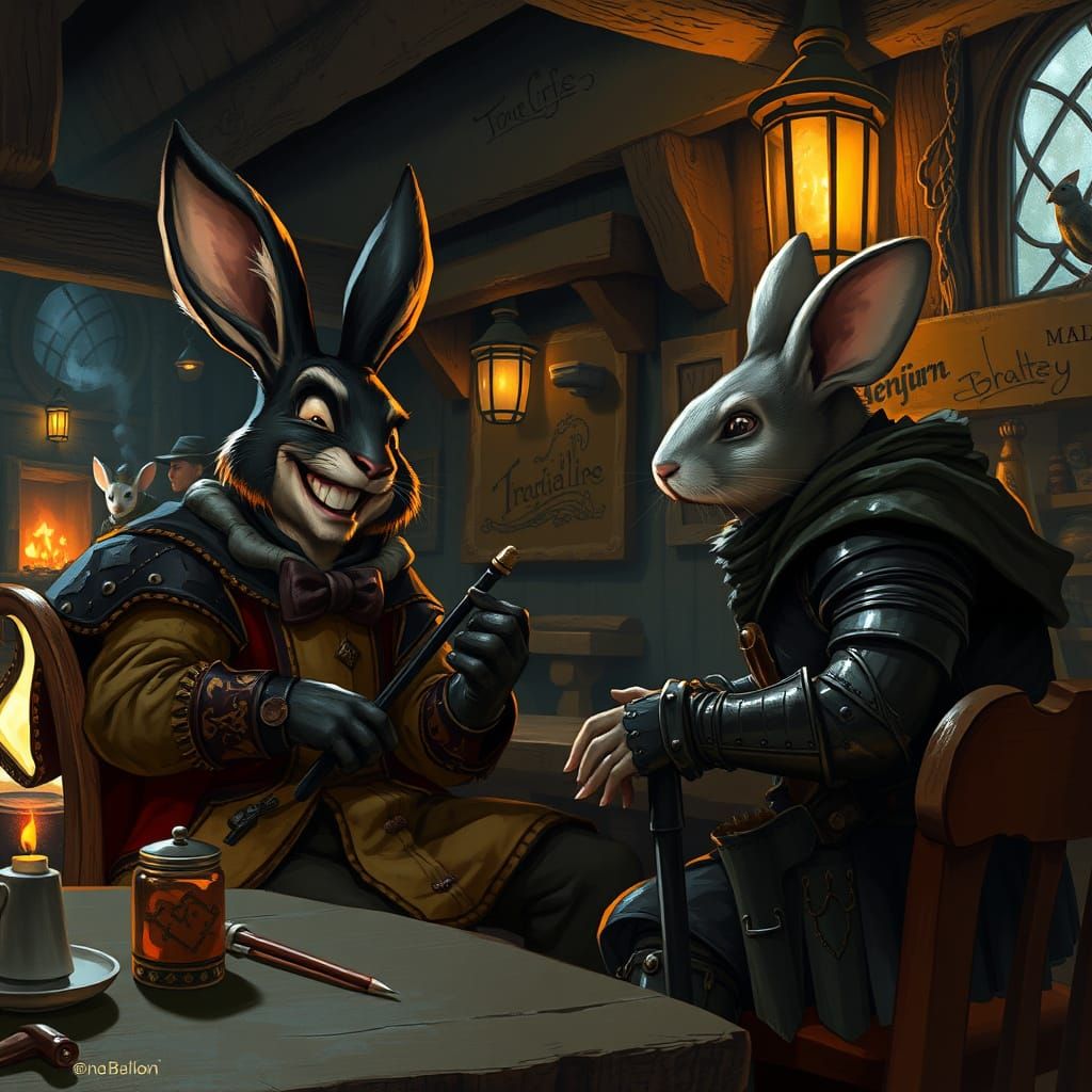 Rabbit Bard and Mouse Mercenary in Tavern