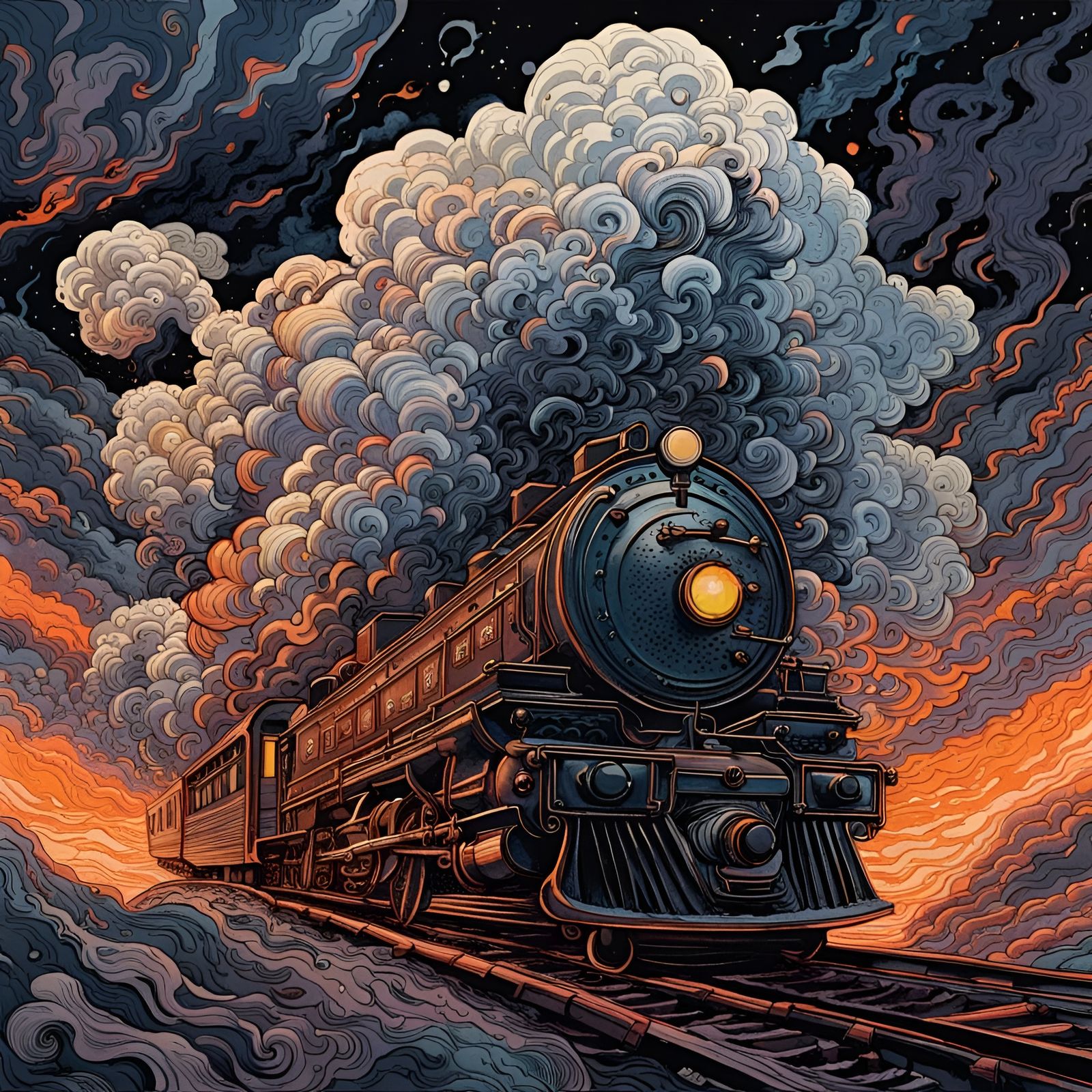 Sinister Flaming Train in Dark Sky: Gouache Illustration