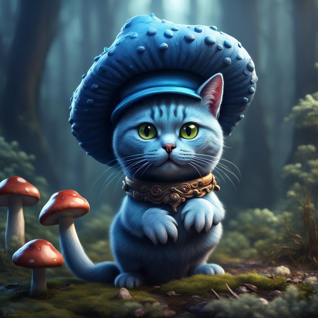 Cute Blue Cat with Mushroom Hat in Fantasy Art