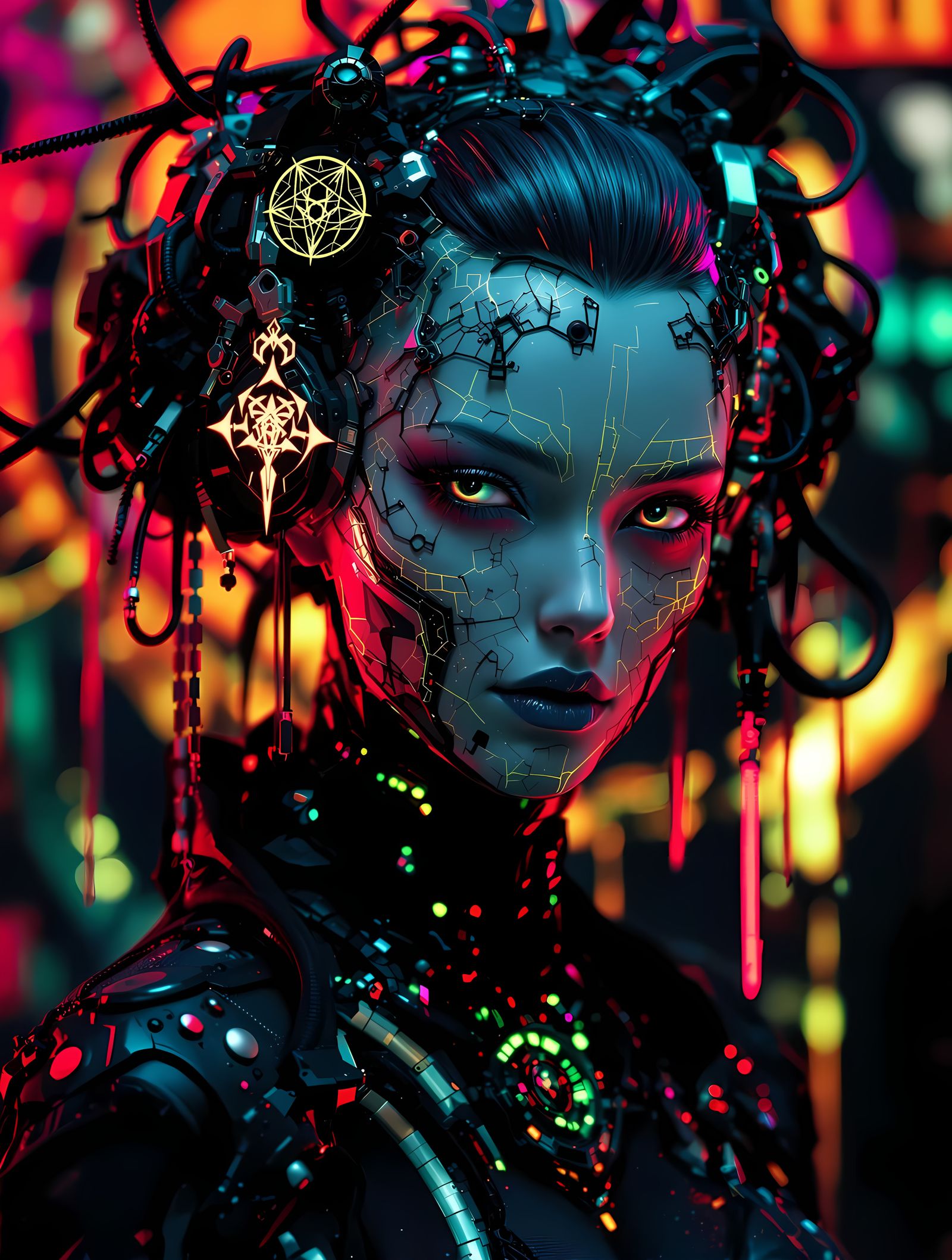 Cyber-Gothic Biomechanical Goddess with Holographic Decay