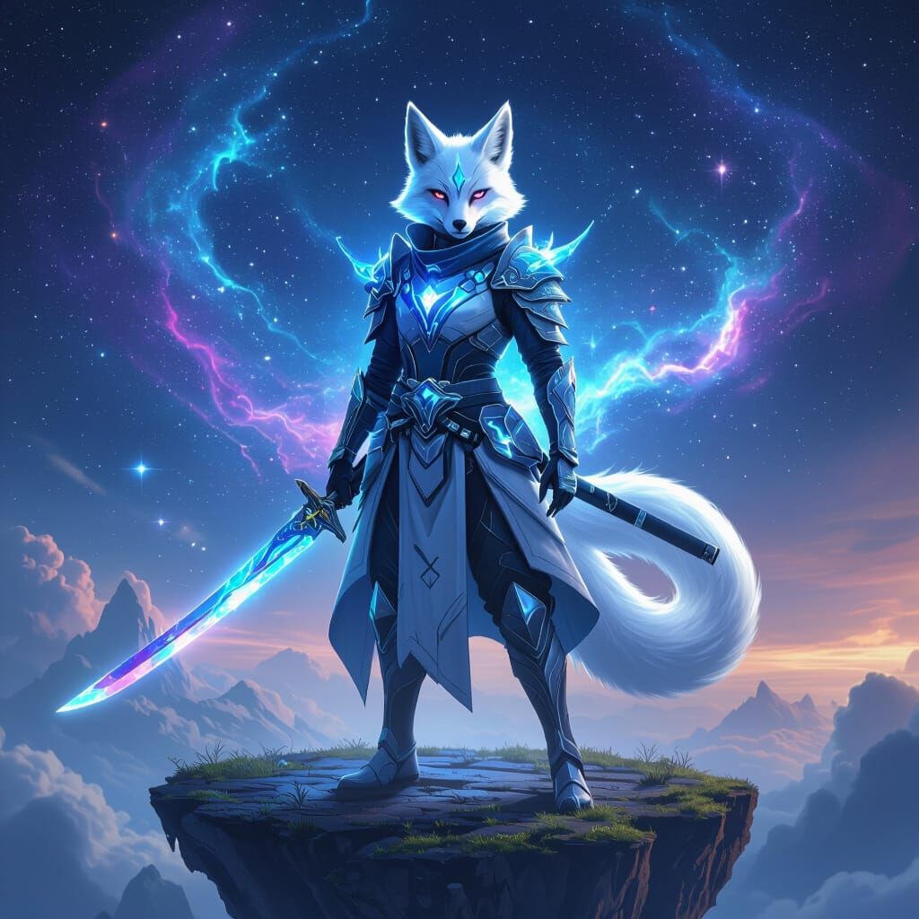 Celestial Fox Warrior Amidst Swirling Nebula