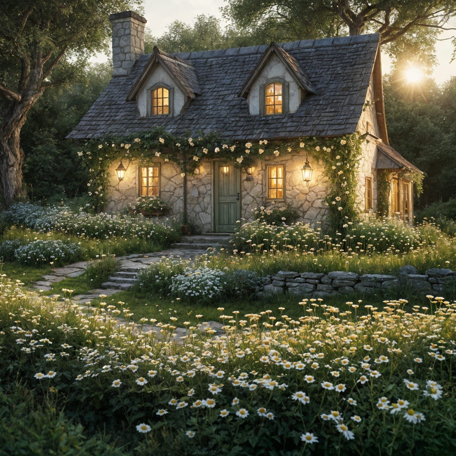Cottage core
Dark meadow filled with chamomile flowers, a wooden cozy cottage stands there, between old and young trees,...