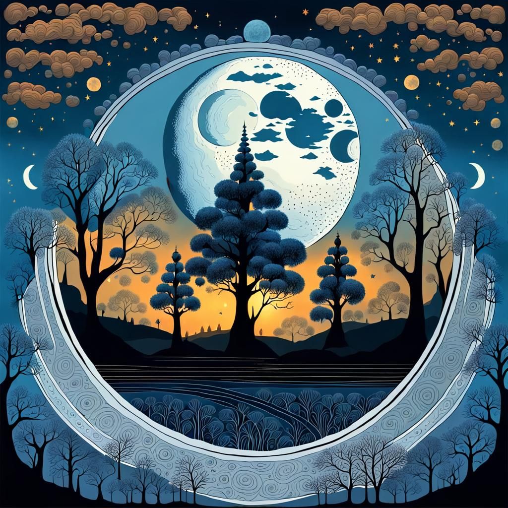 Fantastical Blue Landscape in Folk Art Style