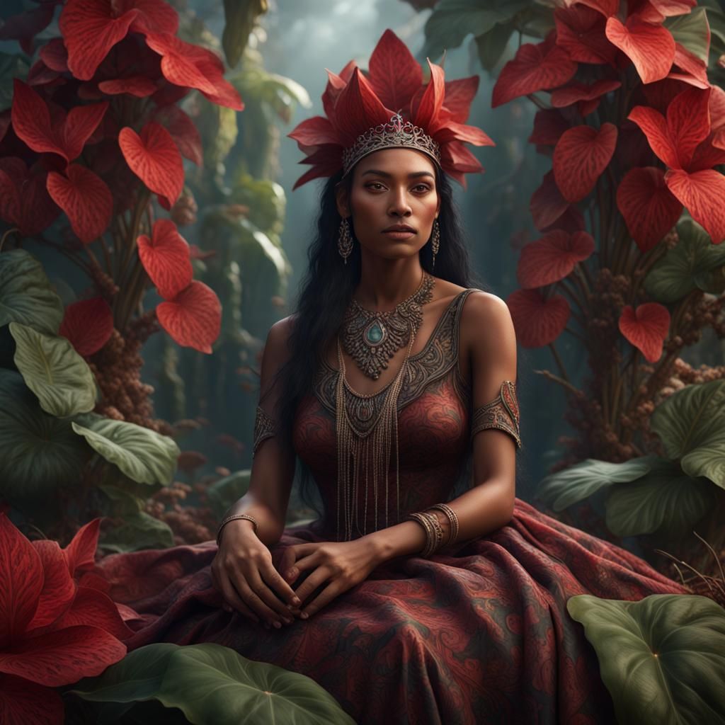 Amerindian Woman on Flower Throne: Detailed Matte Painting