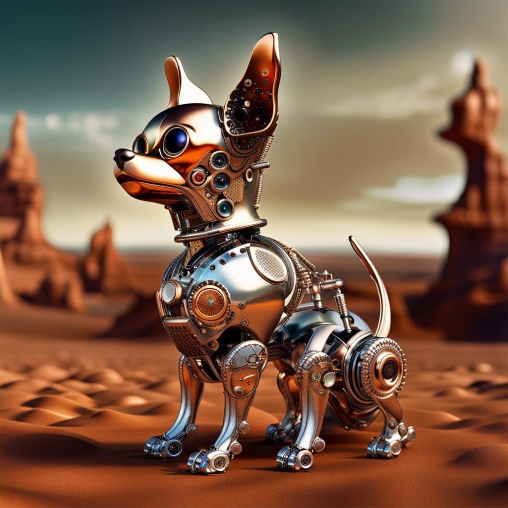 Robotic Chihuahua on Nebular Landscape: Sci-Fi Art