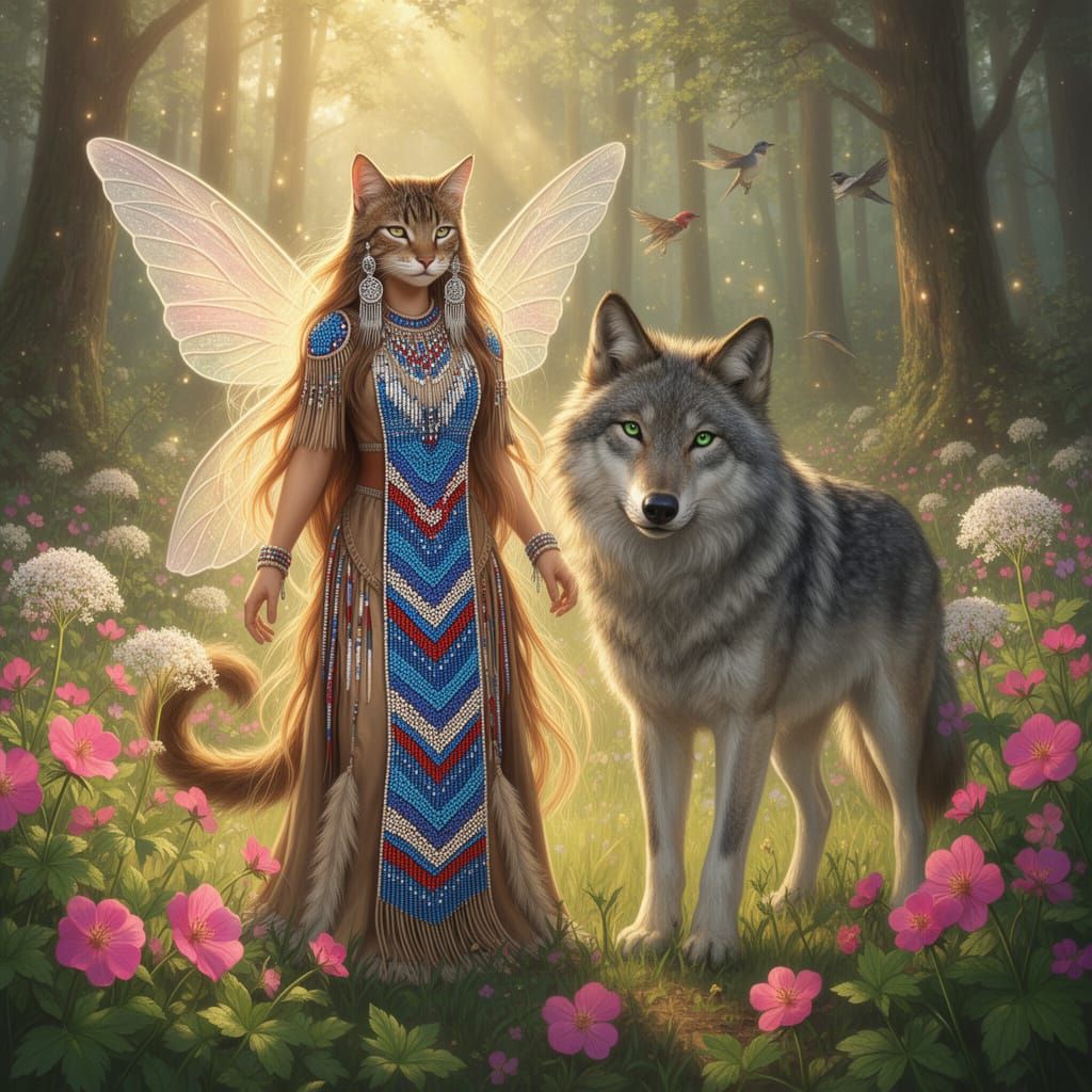Chippewa Cat Fairy Princess with Wolf in Forest Glade