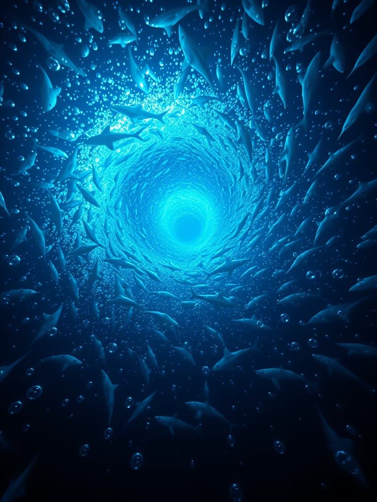 Neon Swirling Vortex of Great White Sharks in Ocean Depths