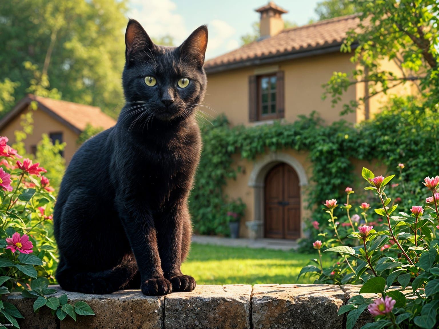Sleek Black Cat with Green Eyes on Wall