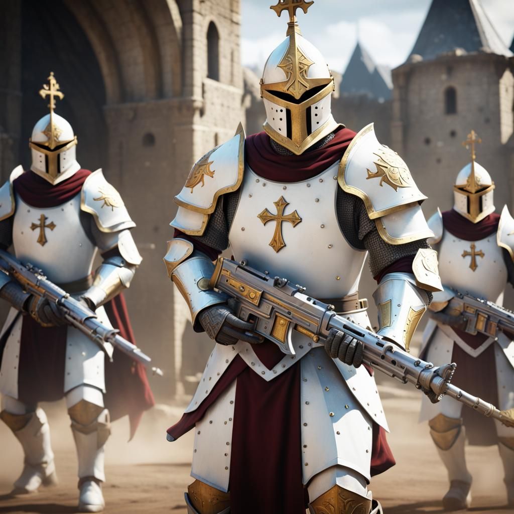 Armored Crusaders Charge with Futuristic Blasters