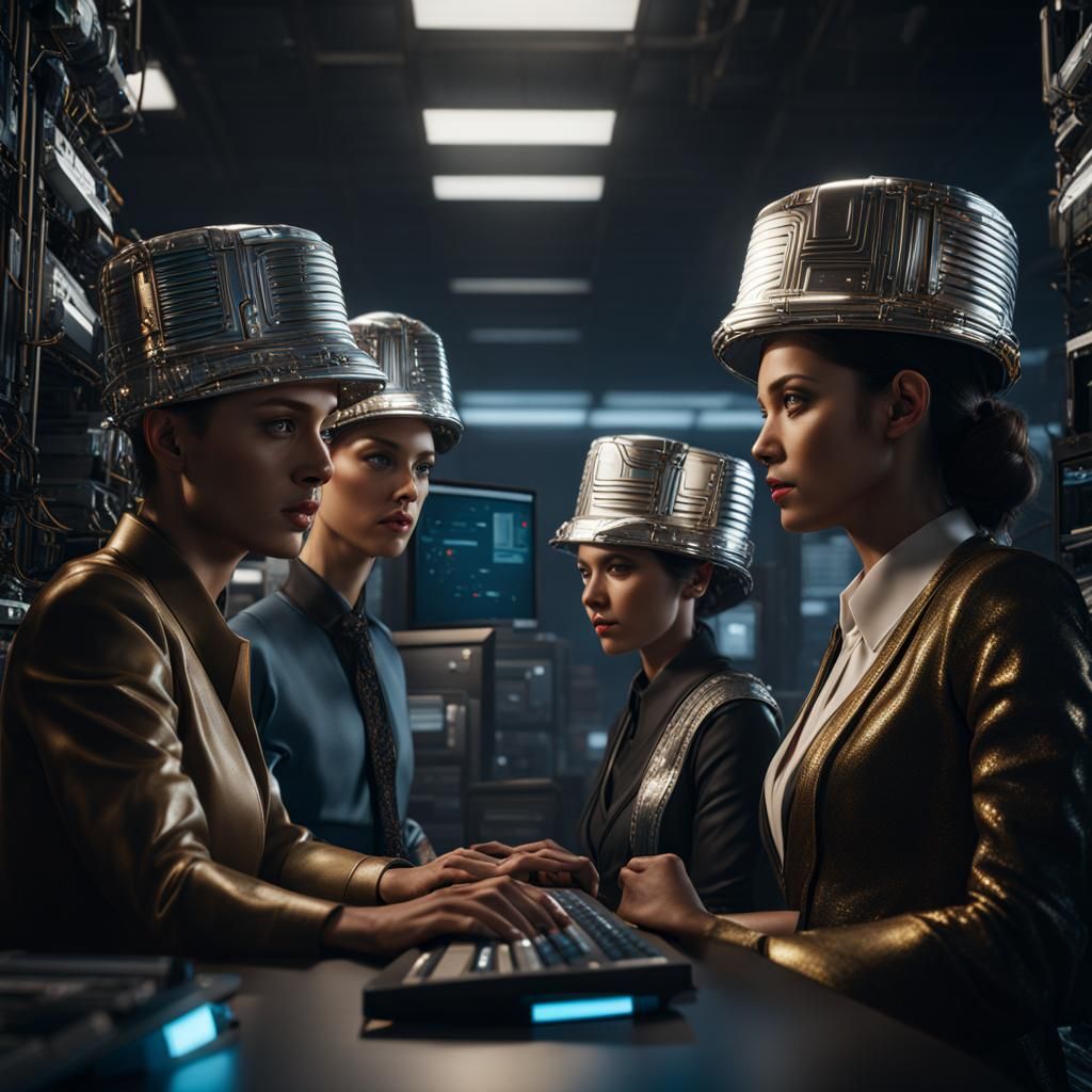 Coworkers in Computer Room Wearing Tin Foil Hats