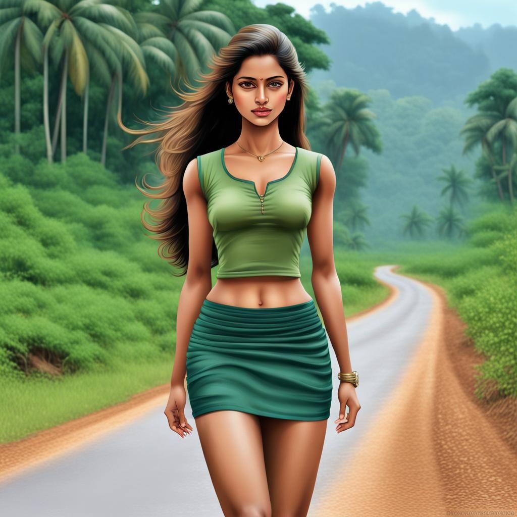 Realistic Woman with Long Hair on Rural Road