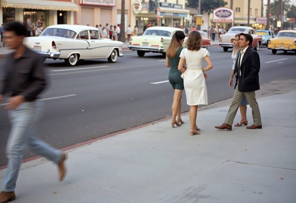 Retro-Futuristic LA Street Scene in Warm Sunset Colors