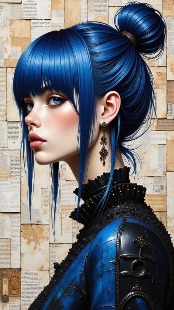 Girl with Blueberry Hair in Impasto Newspaper Montage