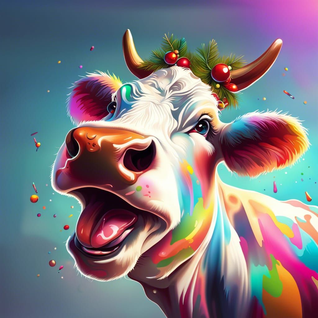 Festive Cow Christmas: Hyperrealistic Splash Art