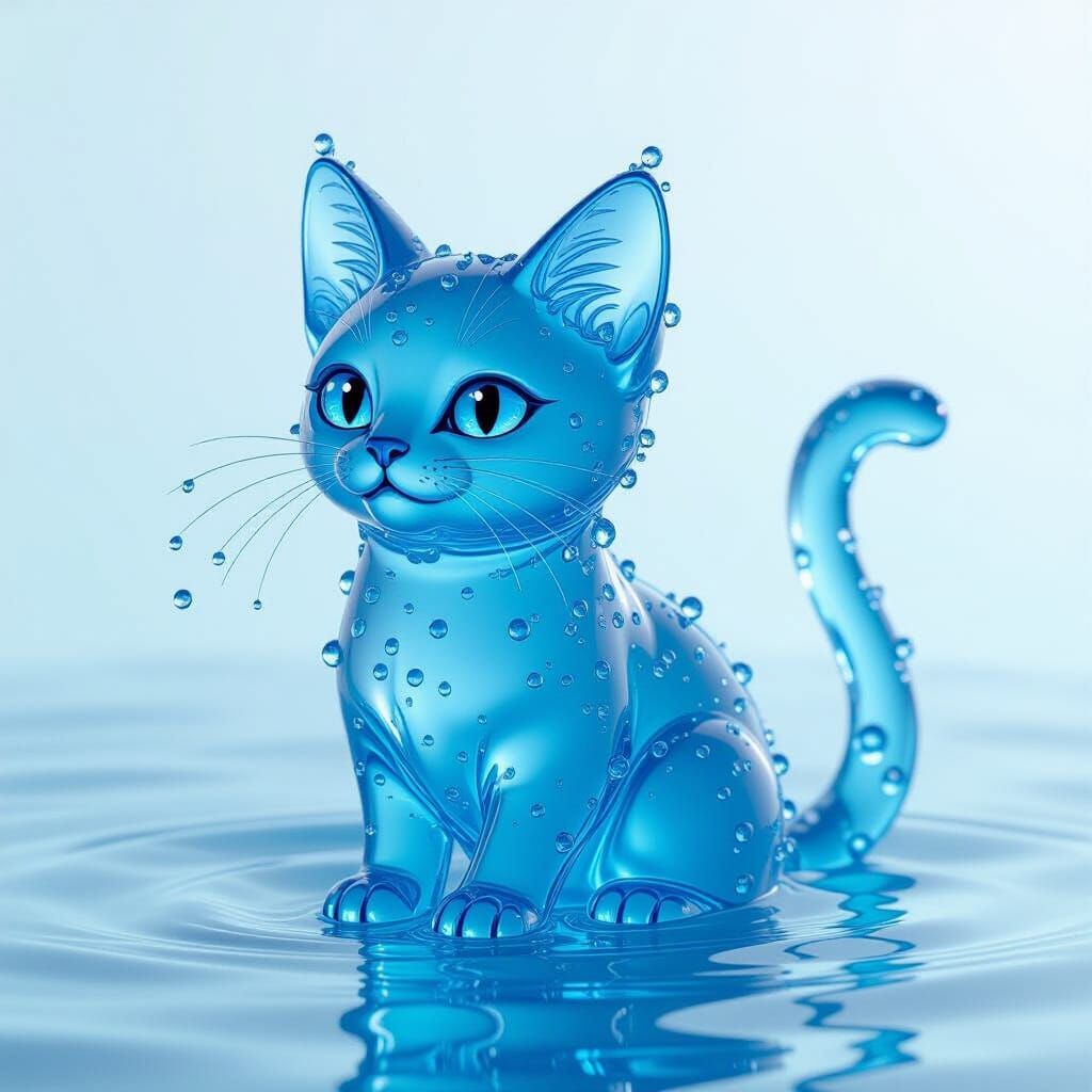 Fluid Sculpture: A Cat Made of Blue Water