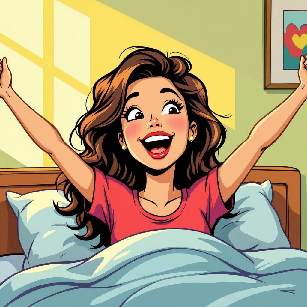 Cheerful Cartoon Woman Wakes Up in Pop Art Style
