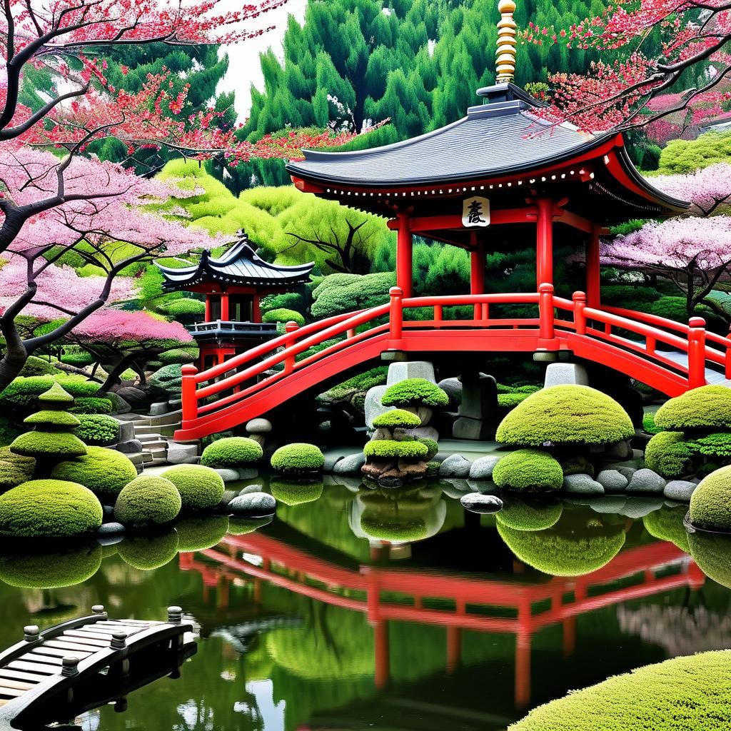 Lush Japanese Garden with Cherry Blossoms