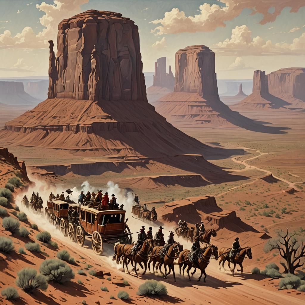 Indigenous Horsemen Chase Stagecoach in Monument Valley