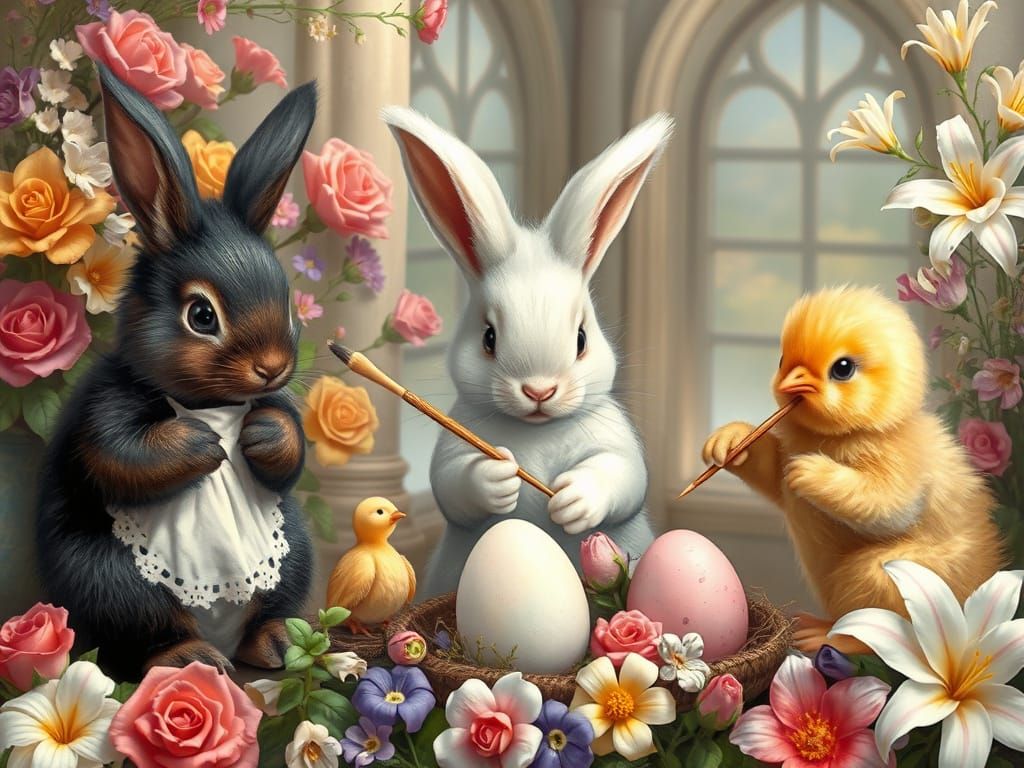 Easter Bunnies Painting Eggs in Fairytale Garden