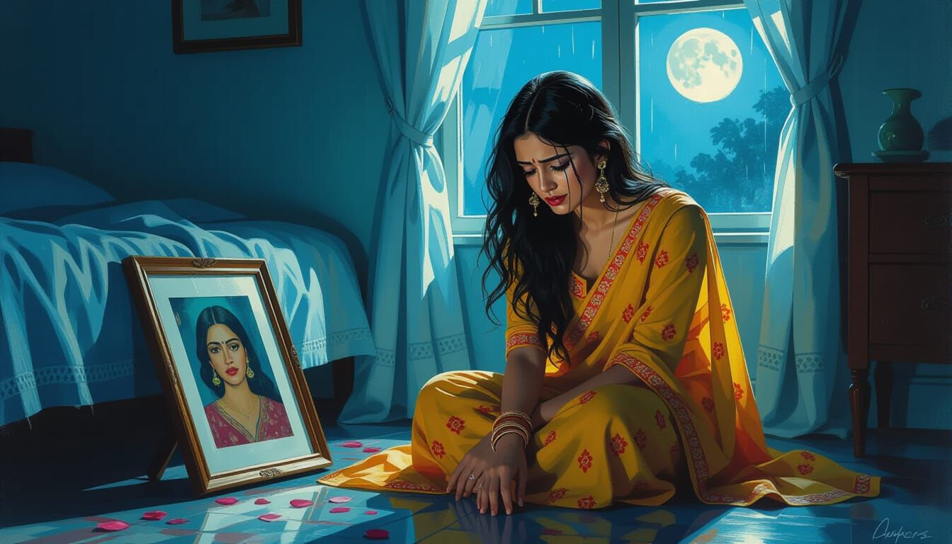 Woman Crying at Night, Clutching Photo in Moonlight