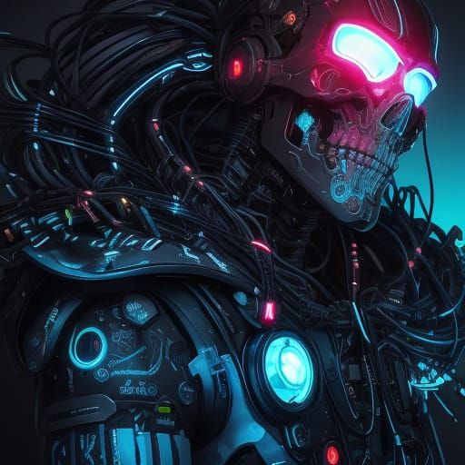 Cyberpunk Electronic Skeleton Sculpture with Neon Glow