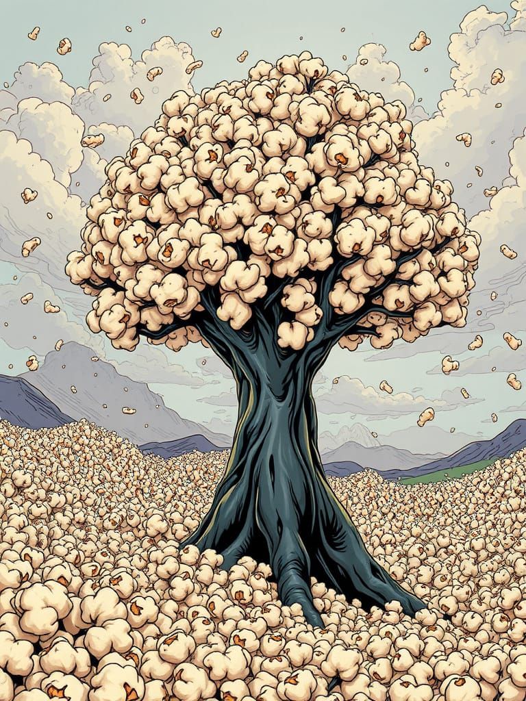 Popcorn Tree in Popcorn Landscape, Comic Illustration