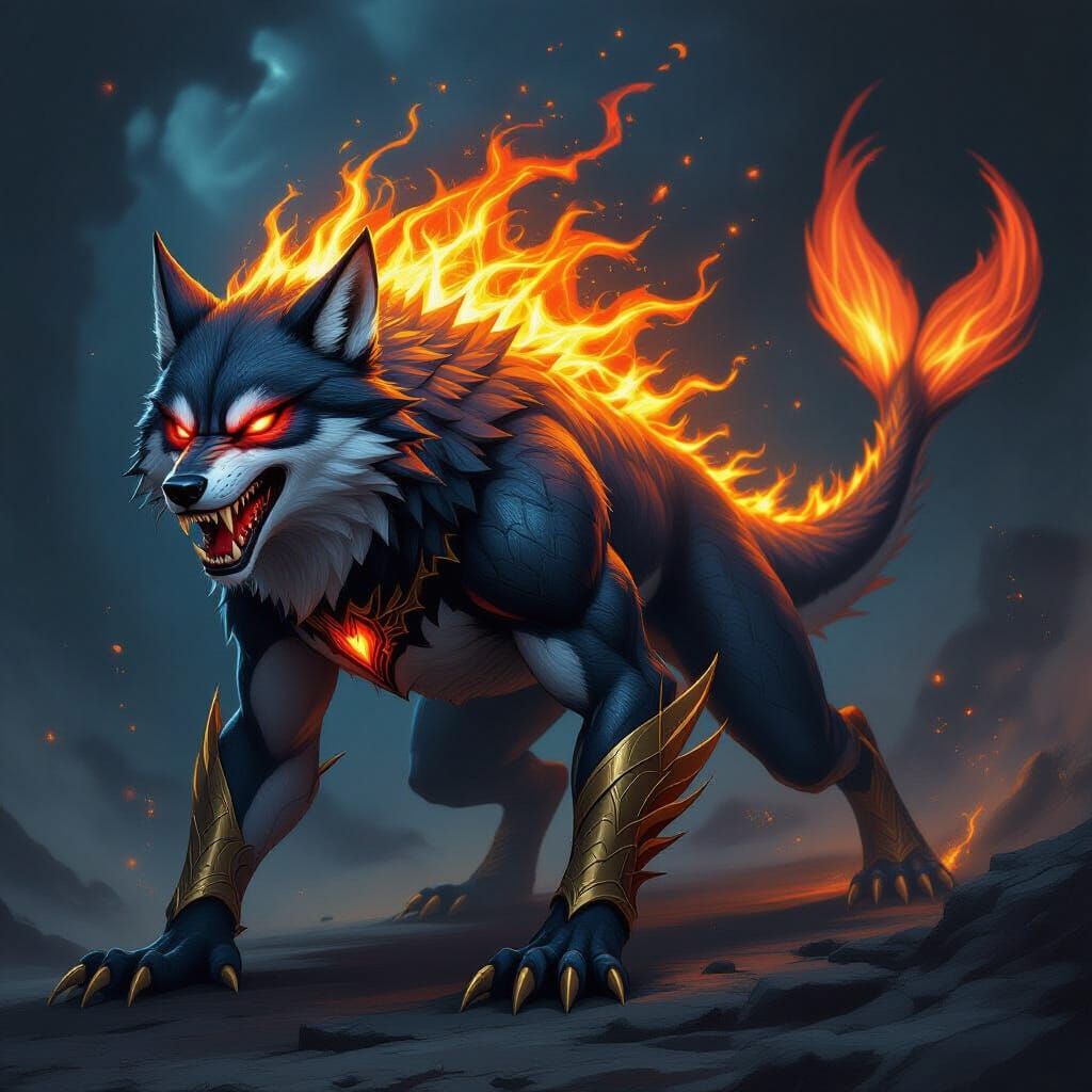 Wolf-Faced Dragon Shark with Flaming Tail