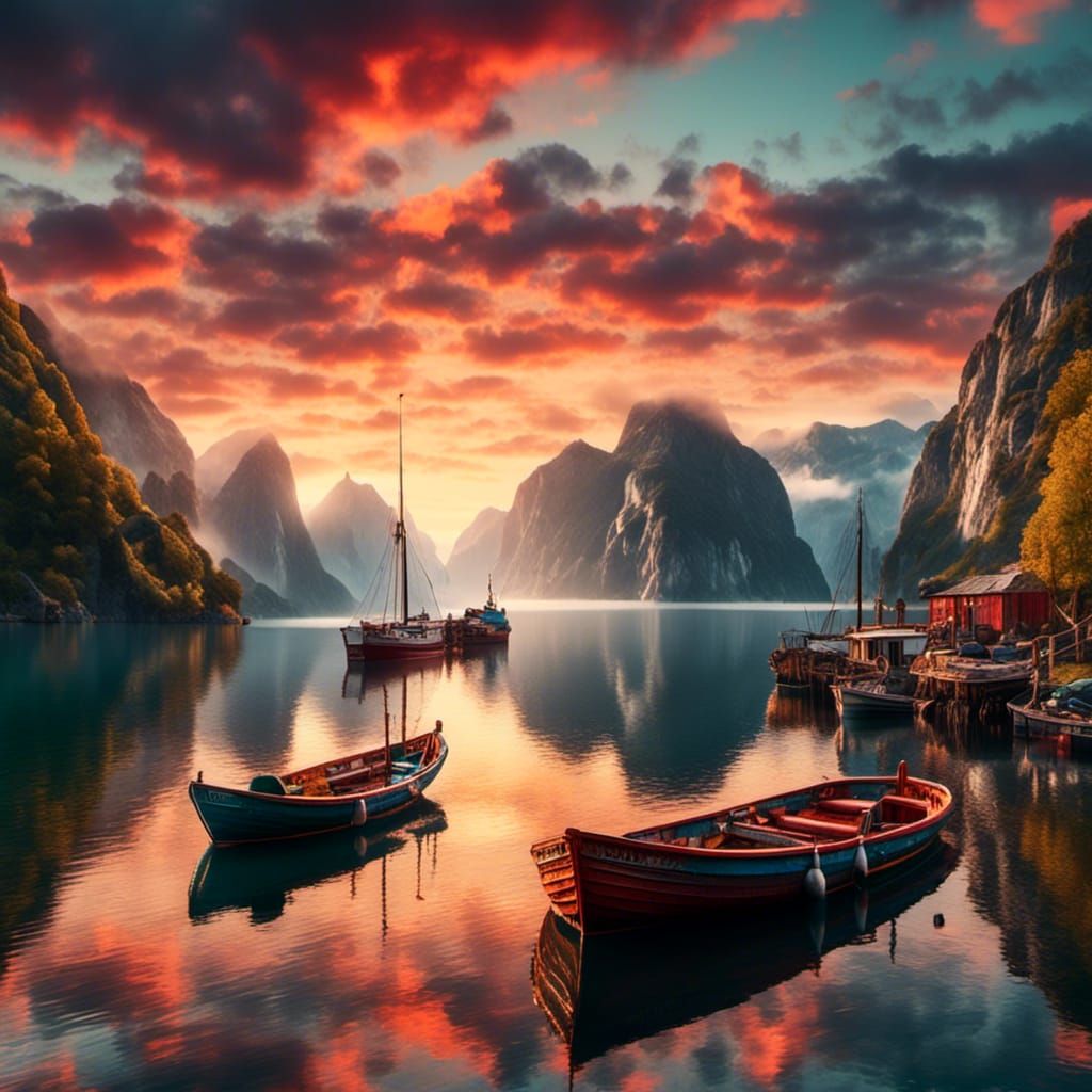 Fishing Boats at Colorful Fjord Sunset, Hyperrealism