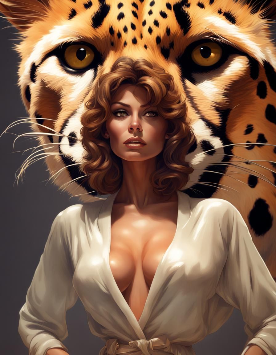 Furry Sofia Loren Cheetah Portrait, Hyperdetailed Digital Ar...