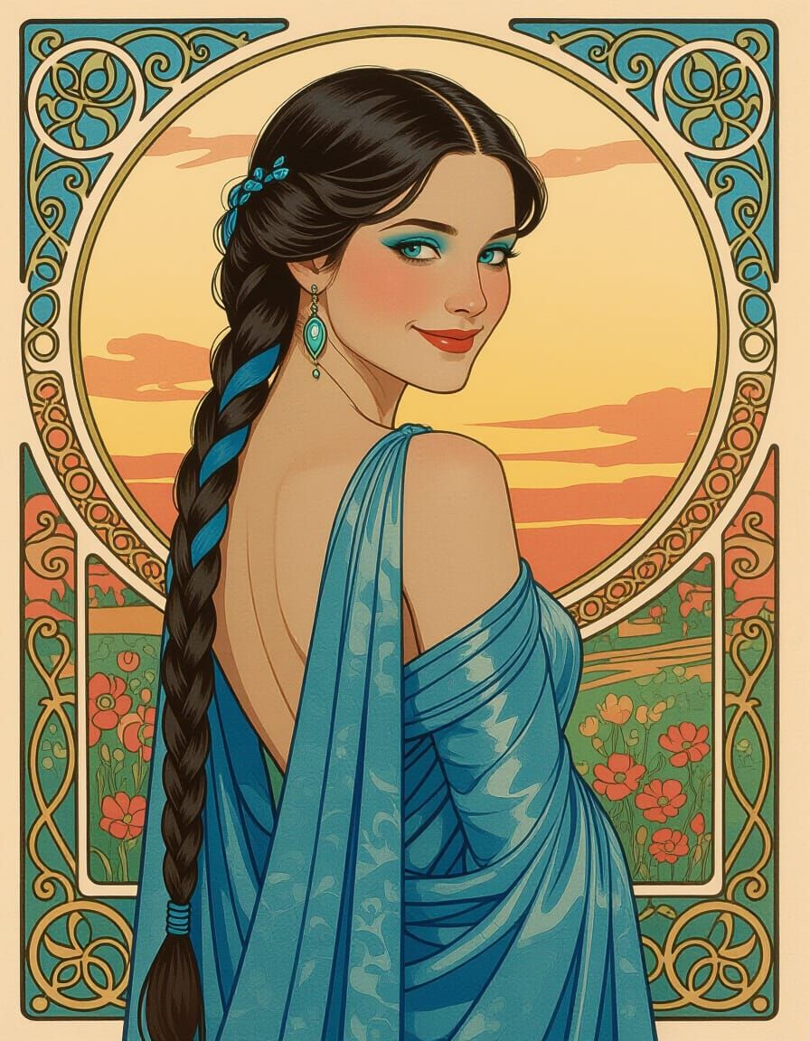Noble Woman with Braids in Art Nouveau Gouache Style