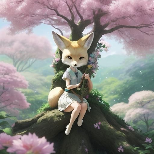 Fennec Girl in Ghibli-Style Anime Landscape