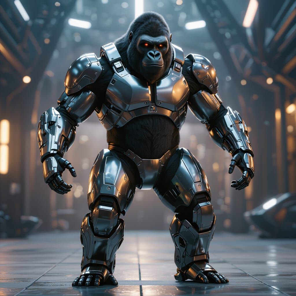 Dancing Gorilla in Metallic Exosuit, Sci-Fi Art