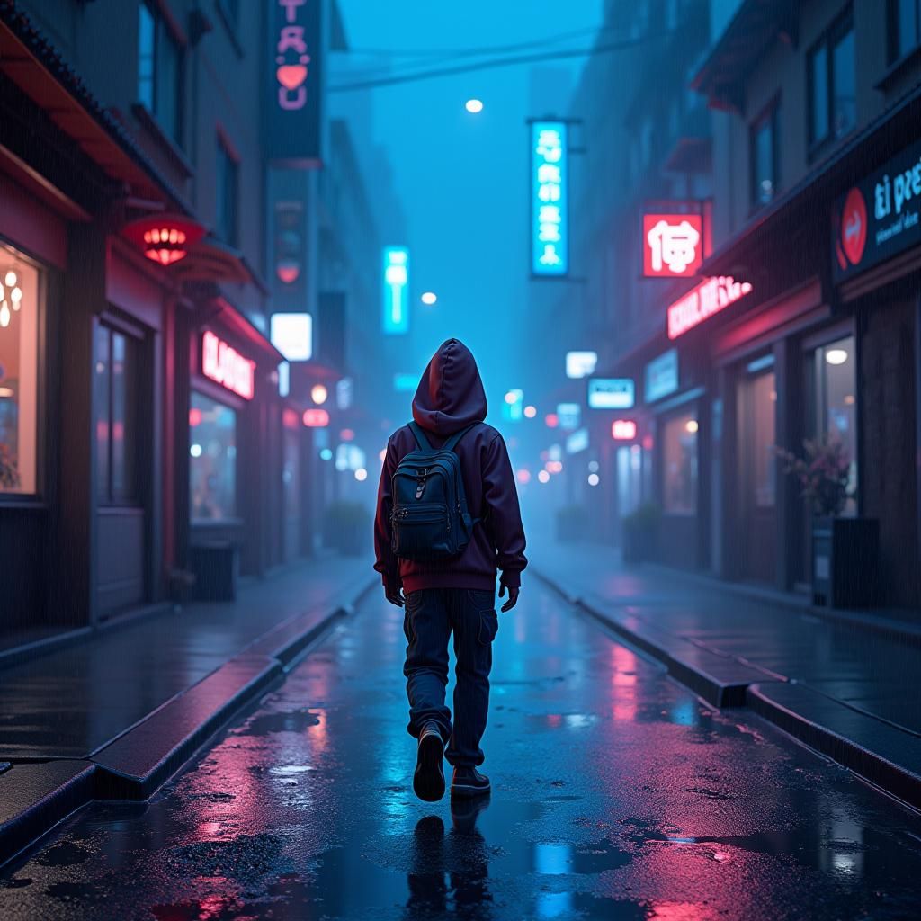 Neon-Lit Hooded Boy in Rainy Cityscape