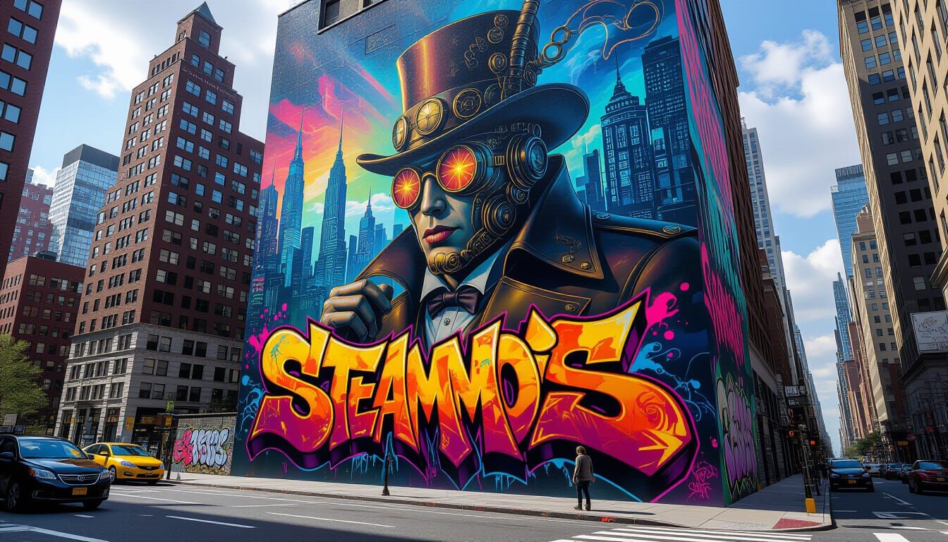 Steampunk Graffiti Artist Creates Mural in Metropolis