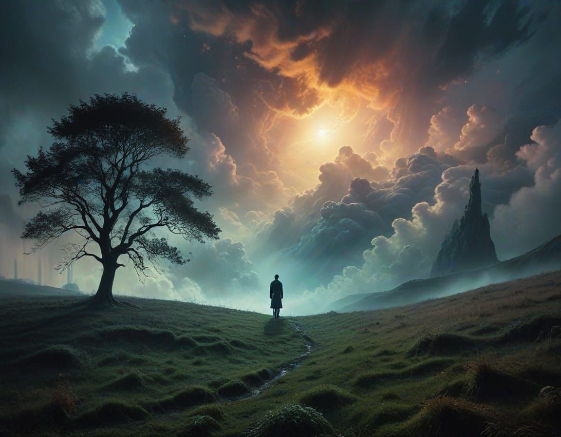 Ethereal Landscape with Mysterious Figure in Soft Focus