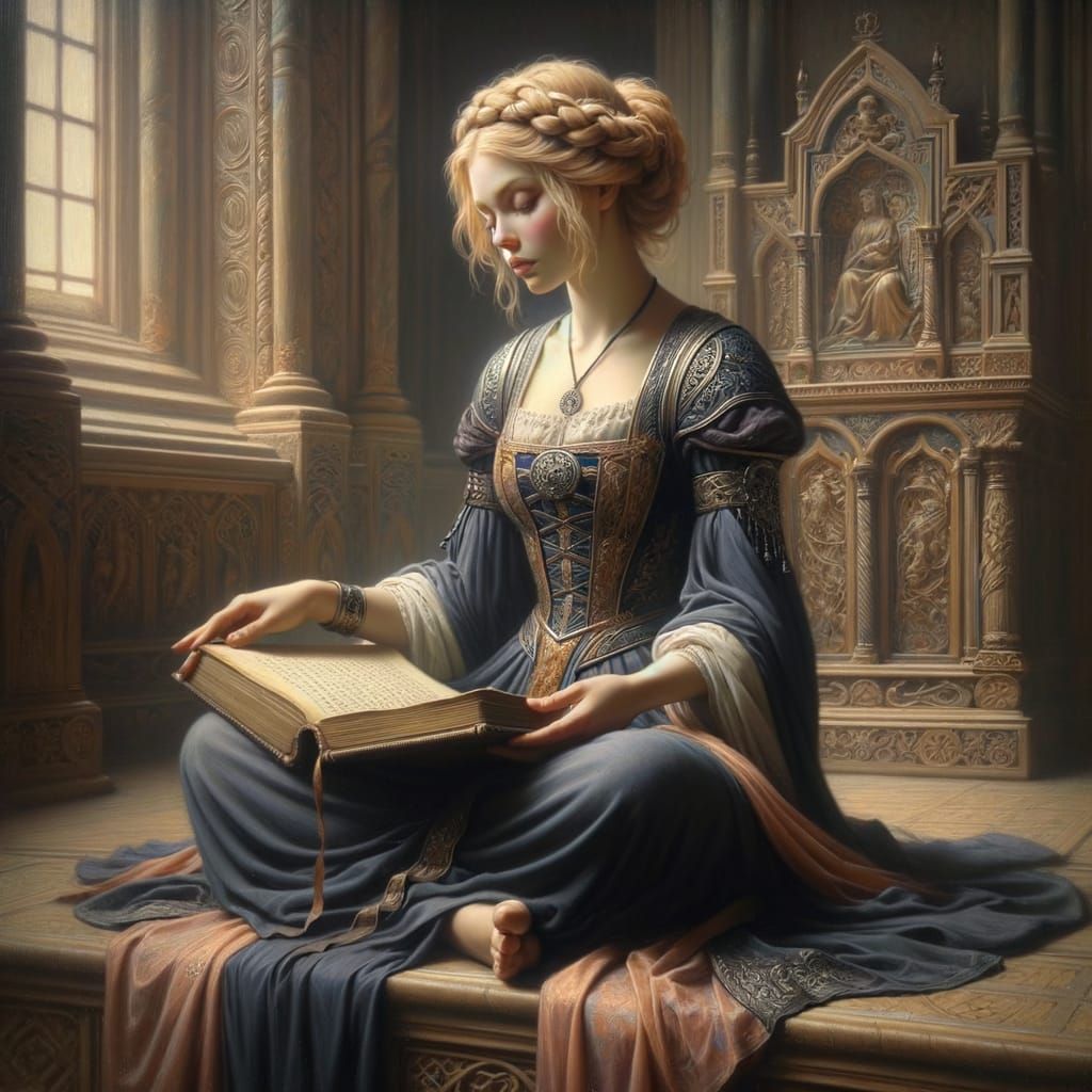 Norse Goddess Reading in Grand Hall, Romantic Oil Painting