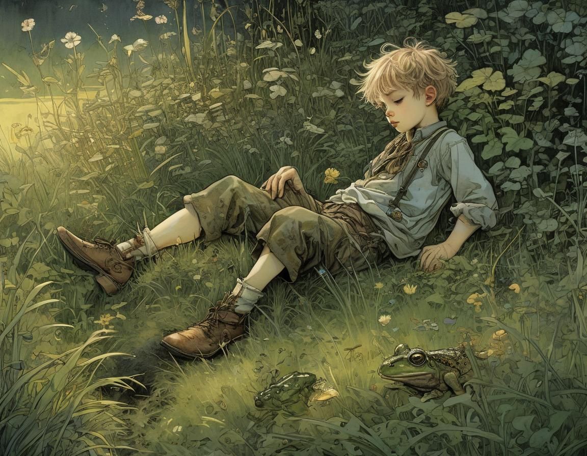 Boy and Frog in Shimmering Light, Intricate Art