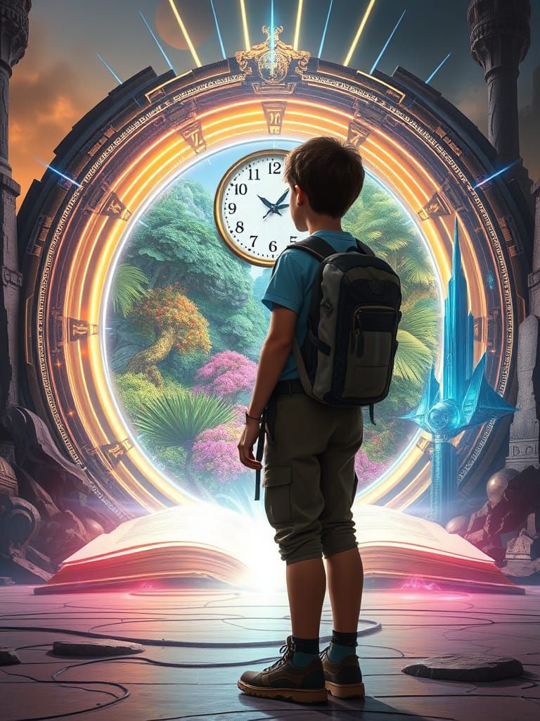 Time Traveler at Open Book Portal Connecting Realms