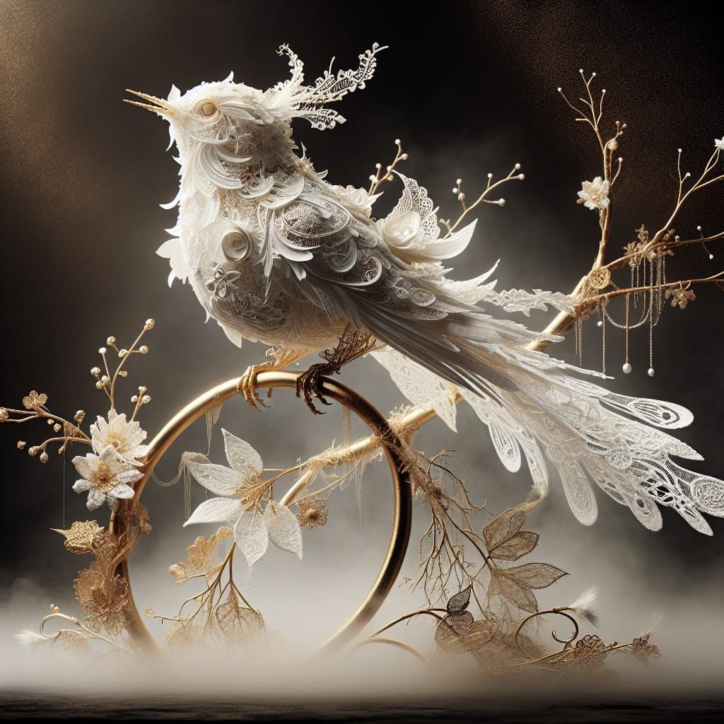 Lace Songbird on Golden Branch in Hypermaximalism Style