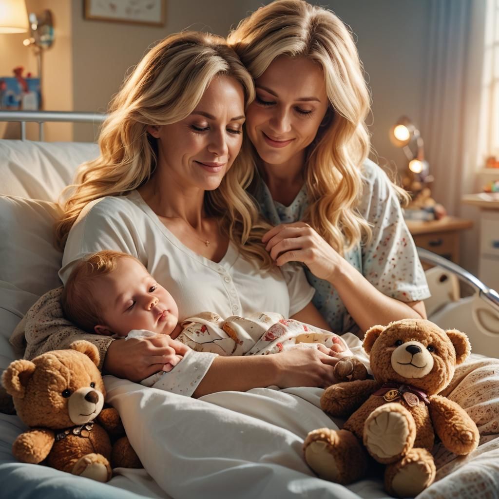 Mother and Child Embrace with Teddy Bear