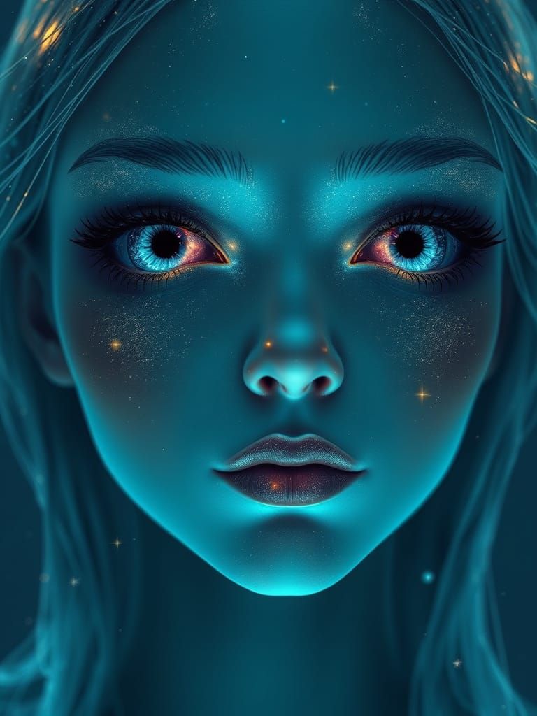 Celestial Being with Galaxy-Iris Portals and Ethereal Glow