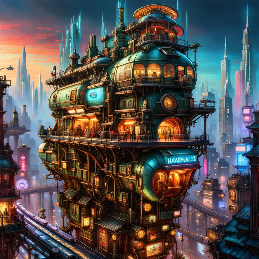 Futuristic Cyberpunk Cityscape with Monorails in Maximalist ...