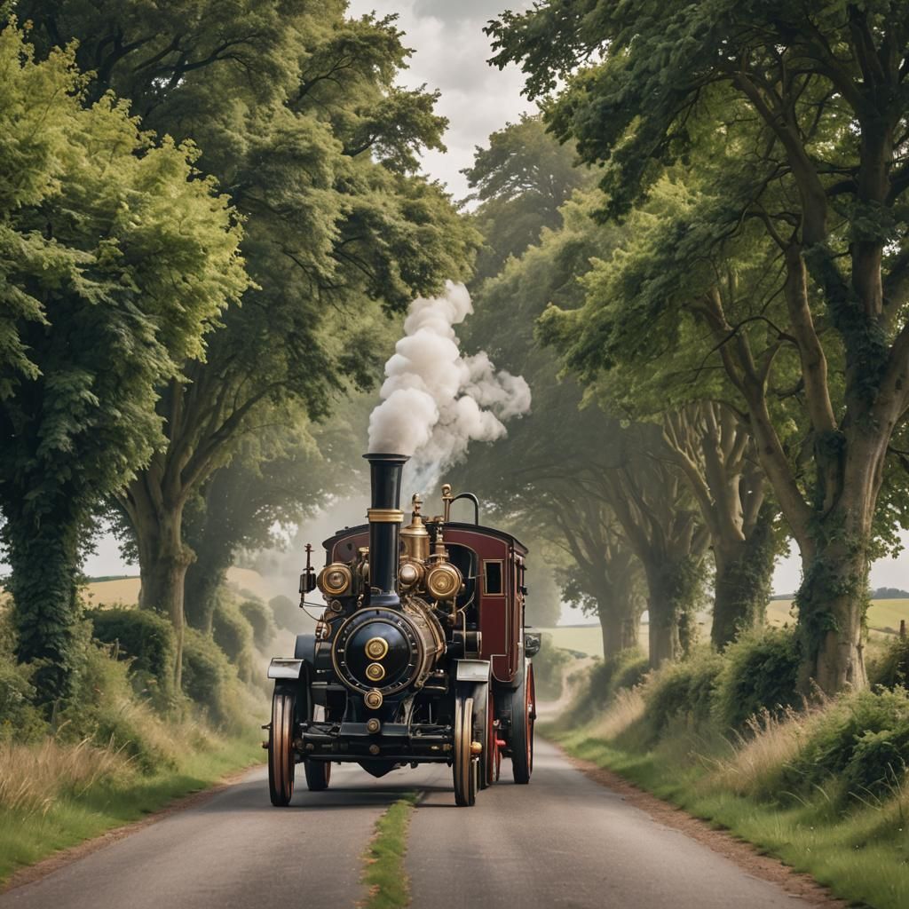 Victorian Steampunk Traction Engine in Countryside
