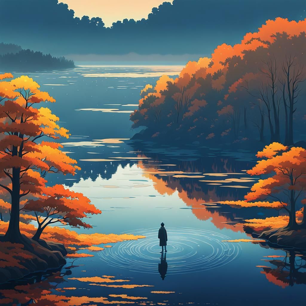 Lakeside Figure in Anime Style with Autumn Foliage
