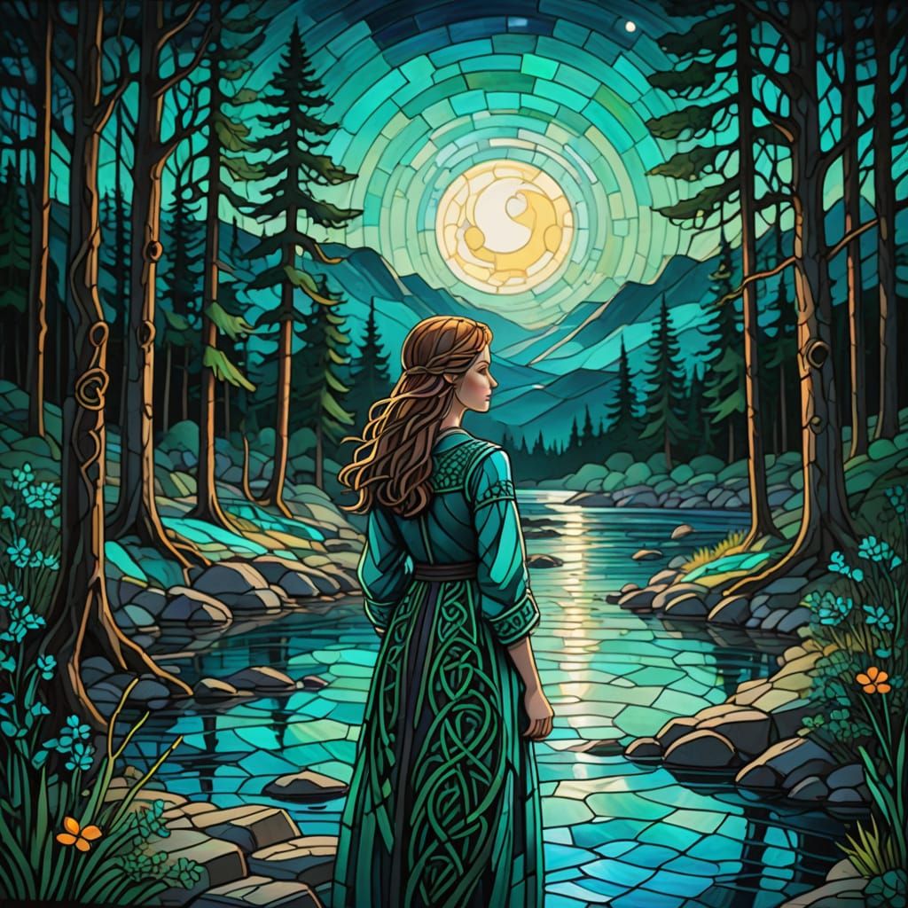 Celtic Stained Glass: Girl Singing in Forest